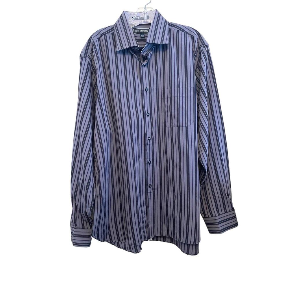 Paul Fredrick Button Up‎ Shirt Men Size XL Trim Fit Striped Gray 100% Cotton